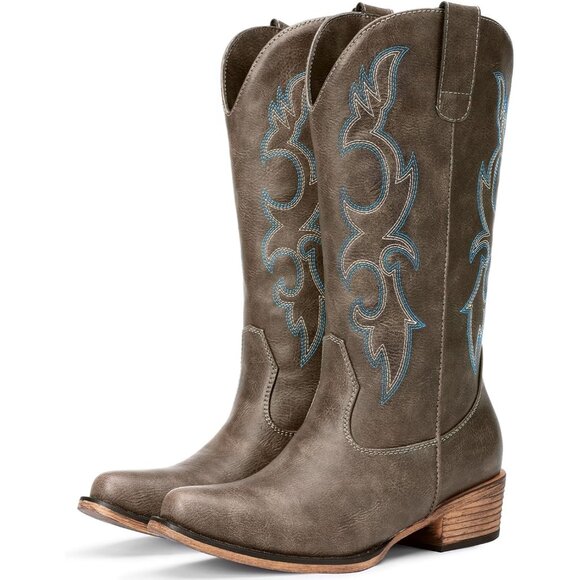 🆕Women Dark BrownFaux Leather Snip Toe Chunky Heel Embroidered Western Boot - Picture 2 of 6